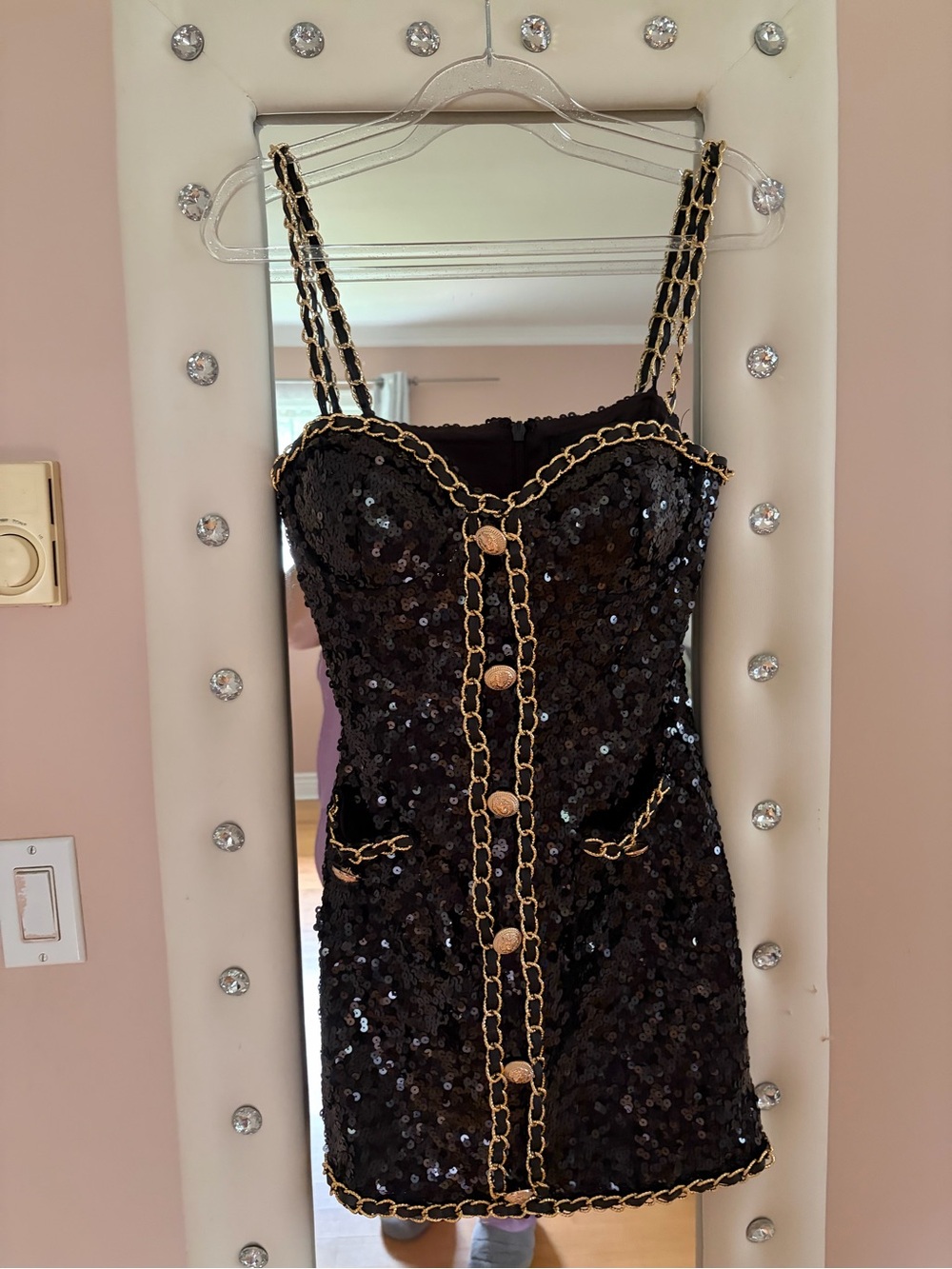 Fashion Nova Black Sequin Mini Dress with Gold Chain Trim